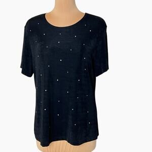 Vintage Christina Hope Pullover Top Womens Large Black Short Sleeves Rhinestones